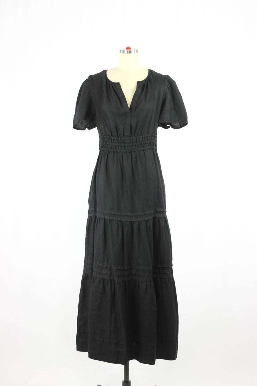 QUINCE Black 100% European Linen Tiered A-Line Maxi Dress, Size L - Picture 5 of 14